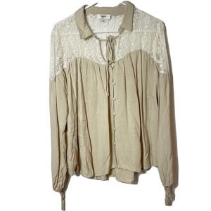 Hayden Button Up Tunic Blouse Womens Large Beige Long Sleeve Lace Tie Neck